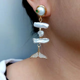 YYGEM Cultured Biwa Freshwater Pearl Coin Pearl Fish Shape Stud Earrings
