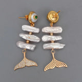 YYGEM Cultured Biwa Freshwater Pearl Coin Pearl Fish Shape Stud Earrings