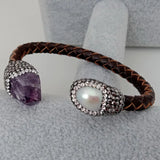 YYGEM Cultured Pearl Purple Amethyst Rough Leather Bangle Bracelet