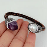 YYGEM Cultured Pearl Purple Amethyst Rough Leather Bangle Bracelet