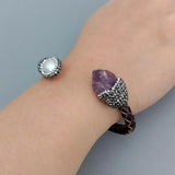YYGEM Cultured Pearl Purple Amethyst Rough Leather Bangle Bracelet