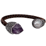 YYGEM Cultured Pearl Purple Amethyst Rough Leather Bangle Bracelet