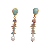 YYGEM Cultured Rice Pearl Cz Pave Fish Bone Green Amazonite Dangle Stud Ring