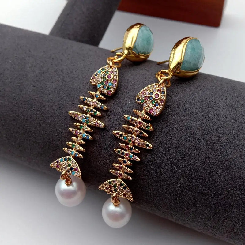 YYGEM Cultured Rice Pearl Cz Pave Fish Bone Green Amazonite Dangle Stud Ring