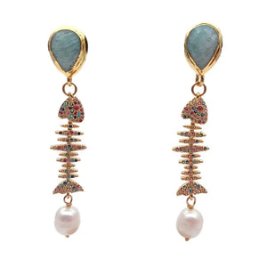 YYGEM Cultured Rice Pearl Cz Pave Fish Bone Green Amazonite Dangle Stud Ring