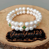 YYGEM Cultured Pearl Bracelet with Green Cz Spacer Stretch