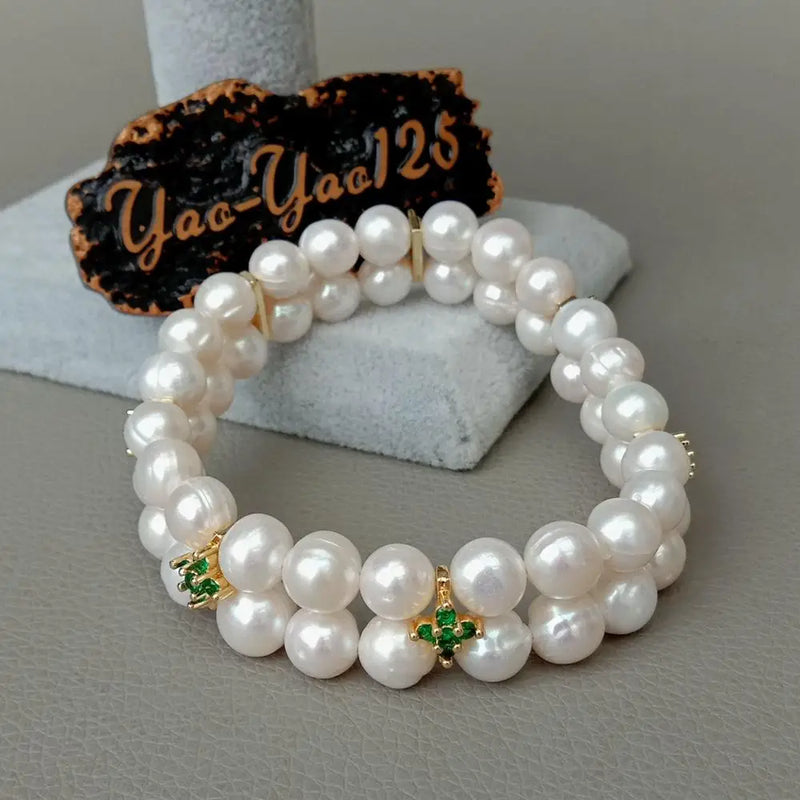YYGEM Cultured Pearl Bracelet with Green Cz Spacer Stretch