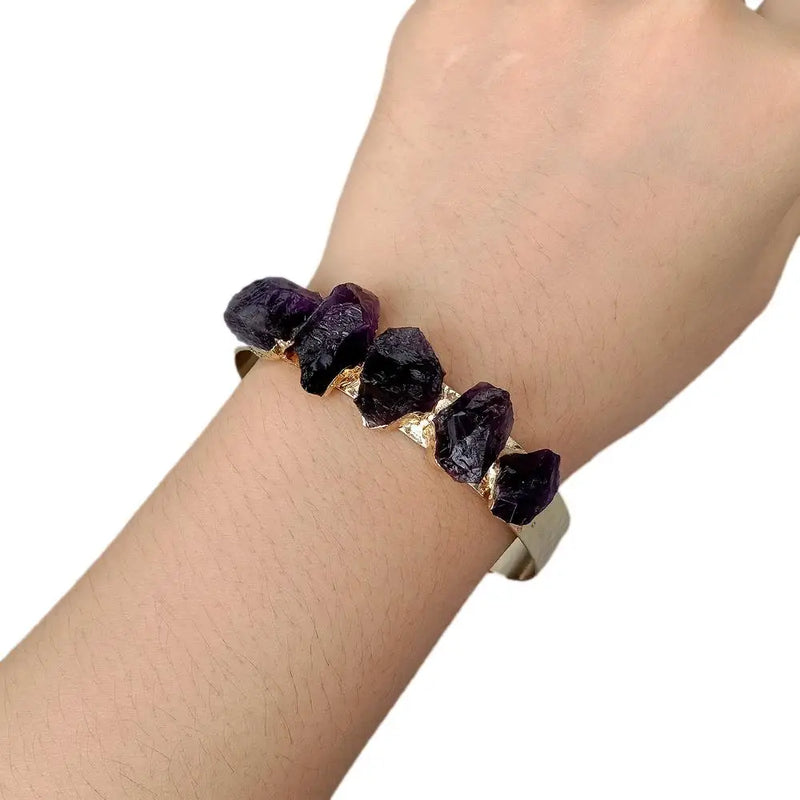YYGEM Purple Amethyst Rough Raw Bangle Bracelet Adjustable
