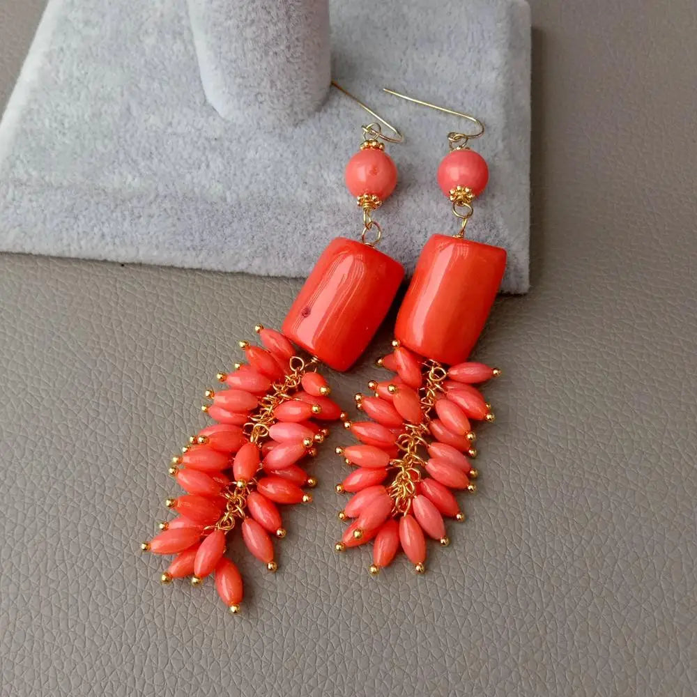 Ethnic Orange Coral Tube Plated Hook Earrings for Women