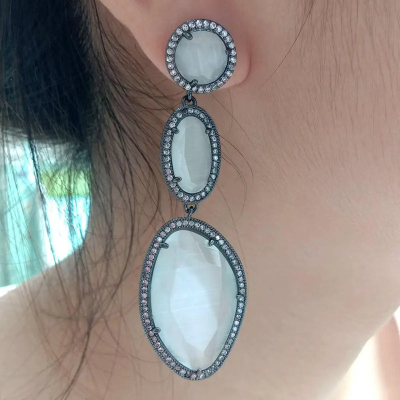 White Cat's Eye Cz Gunmetal Stud Earrings for Women