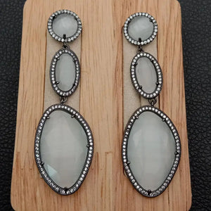 White Cat's Eye Cz Gunmetal Stud Earrings for Women