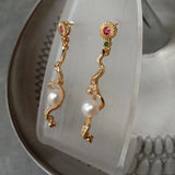 YYGEM Pearl CZ Pave Dangle Earrings