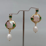 YYGEM Square Pearl Rice Pearl Green Crystal Stud Earrings