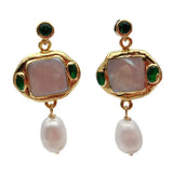YYGEM Square Pearl Rice Pearl Green Crystal Stud Earrings