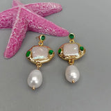 YYGEM Square Pearl Rice Pearl Green Crystal Stud Earrings