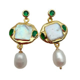 YYGEM Square Pearl Rice Pearl Green Crystal Stud Earrings