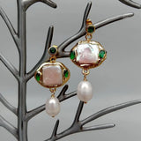 YYGEM Square Pearl Rice Pearl Green Crystal Stud Earrings