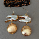 YYGEM White Keshi Pearl 24K Plated Coin Earrings