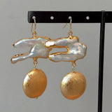 YYGEM White Keshi Pearl 24K Plated Coin Earrings