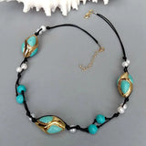 YYGEM Freshwater Pearl 18x32mm Turquoise Rice String Necklace Bohemian Jewelry