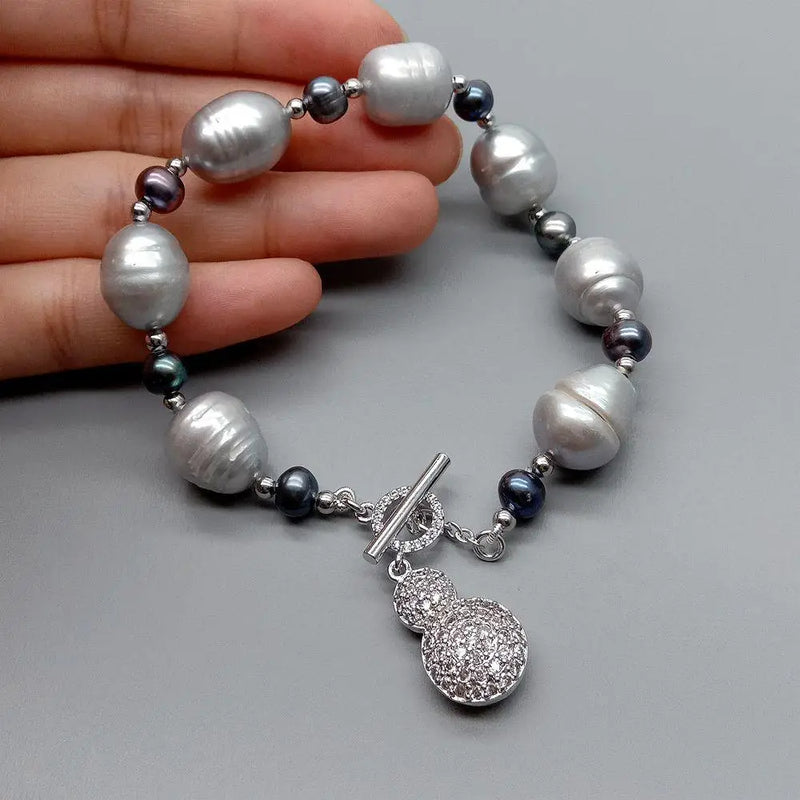 Pave Gourd Charm Gray Rice Freshwater Pearl Bracelet