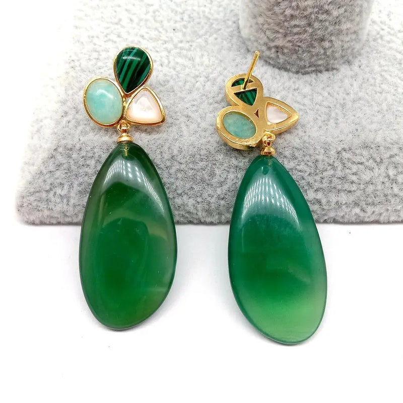 Geometric Green Agate Shell Stud Earrings