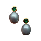 Green CZ Pave Gray Rice Pearl Stud Earrings