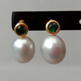 Green CZ Pave Gray Rice Pearl Stud Earrings