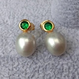 Green CZ Pave Gray Rice Pearl Stud Earrings