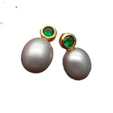 Green CZ Pave Gray Rice Pearl Stud Earrings