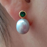 Green CZ Pave Gray Rice Pearl Stud Earrings