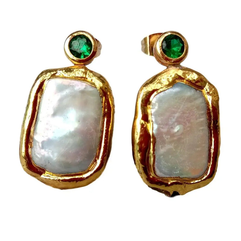 Green CZ Pave Pearl Stud Earrings