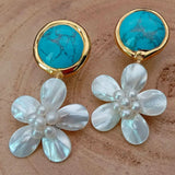 Turquoise Coin Shell Flower Stud Earrings
