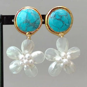 Turquoise Coin Shell Flower Stud Earrings