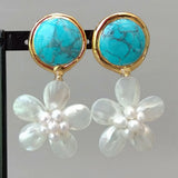 Turquoise Coin Shell Flower Stud Earrings
