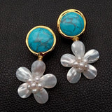Turquoise Coin Shell Flower Stud Earrings