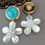 Turquoise Coin Shell Flower Stud Earrings