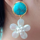 Turquoise Coin Shell Flower Stud Earrings