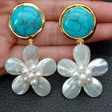 Turquoise Coin Shell Flower Stud Earrings