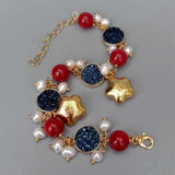 YYGEM Cultured Freshwater Pearl Titanium Druzy Red Coral Wrap Bracelet