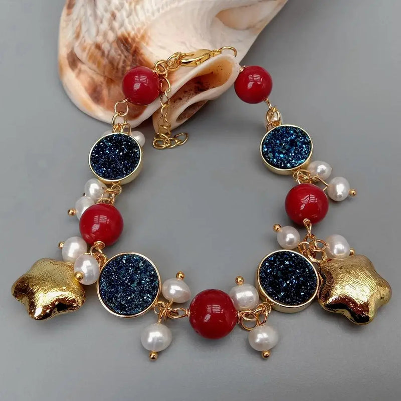 YYGEM Cultured Freshwater Pearl Titanium Druzy Red Coral Wrap Bracelet