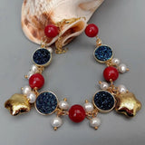 YYGEM Cultured Freshwater Pearl Titanium Druzy Red Coral Wrap Bracelet