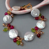 YYGEM Natural Cultured Coin Freshwater Pearl Fuchsia Agate Crystal Wrap Bracelet