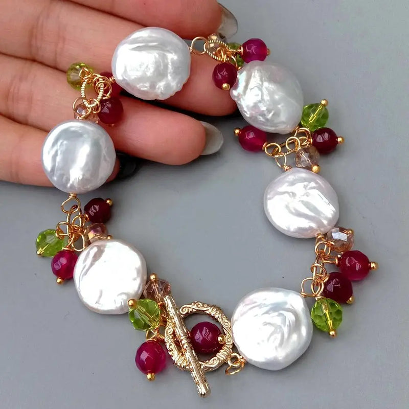 YYGEM Natural Cultured Coin Freshwater Pearl Fuchsia Agate Crystal Wrap Bracelet