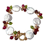 YYGEM Natural Cultured Coin Freshwater Pearl Fuchsia Agate Crystal Wrap Bracelet