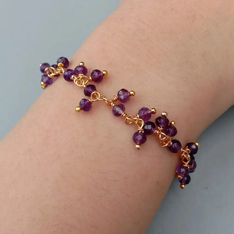 Real Purple Round Amethyst Faceted Wrap Bracelet Charm Women Wedding Party Gift
