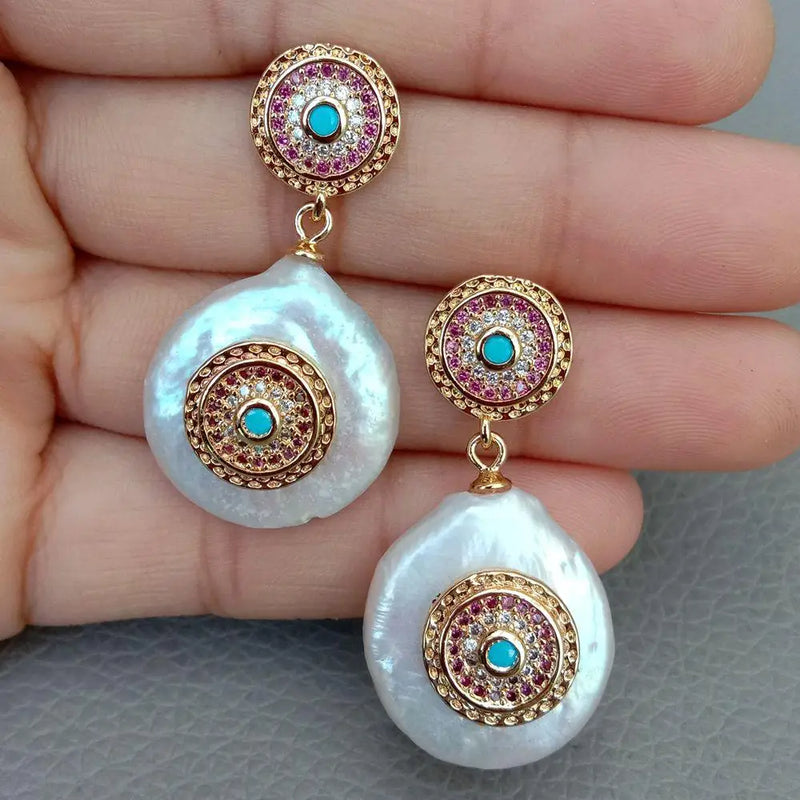 Natural Coin Pearl CZ Stud Earrings
