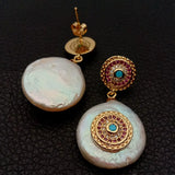 Natural Coin Pearl CZ Stud Earrings