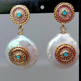 Natural Coin Pearl CZ Stud Earrings