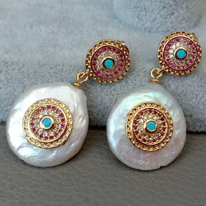 Natural Coin Pearl CZ Stud Earrings